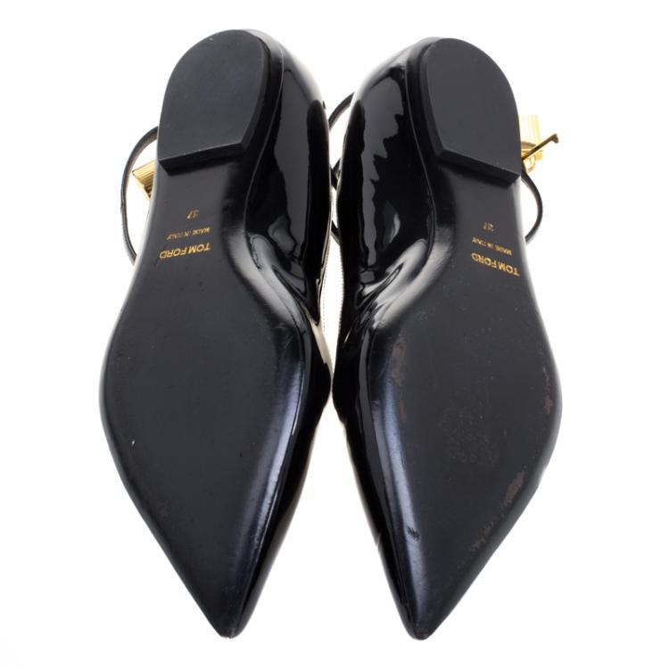 Pre Owned Tom Ford Black Patent Leather Ankle Wrap Lock Ballet Flats Size 37