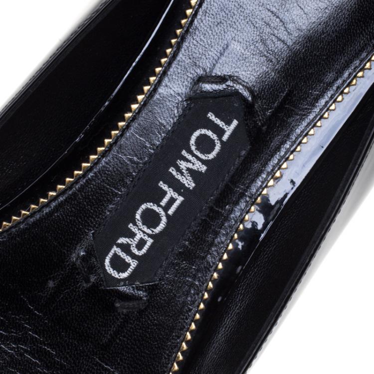 Pre Owned Tom Ford Black Patent Leather Ankle Wrap Lock Ballet Flats Size 37