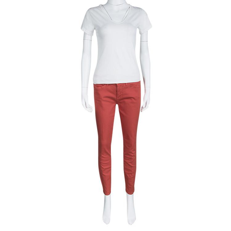 Pre Owned Tory Burch Jasper Red Washed Denim Skinny Ankle Grazer Jeans S/M