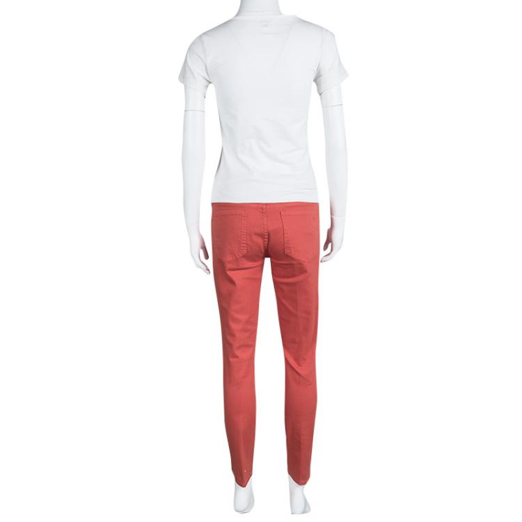 Pre Owned Tory Burch Jasper Red Washed Denim Skinny Ankle Grazer Jeans S/M