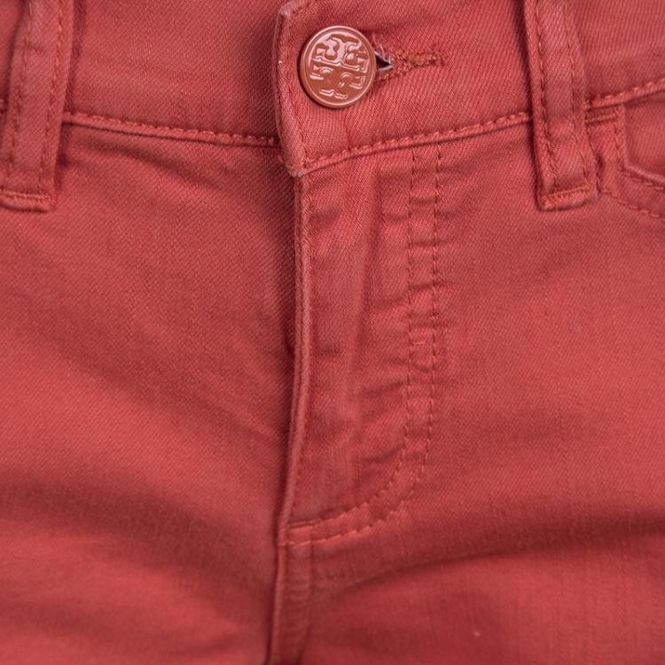 Pre Owned Tory Burch Jasper Red Washed Denim Skinny Ankle Grazer Jeans S/M