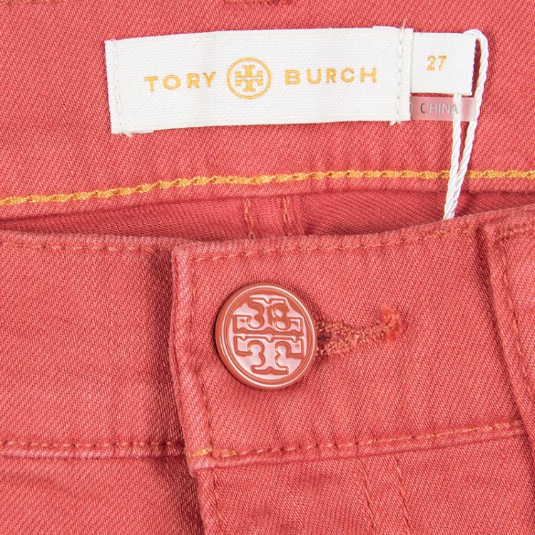 Pre Owned Tory Burch Jasper Red Washed Denim Skinny Ankle Grazer Jeans S/M