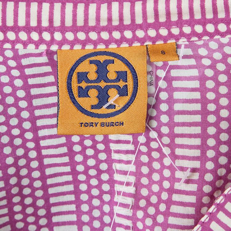 Pre Owned Tory Burch Stephanie Mandarin Collar Printed Tunic Top M