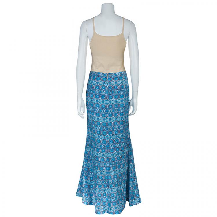 Pre Owned Tory Burch Blue Mosaic Printed Maxi Skirt M