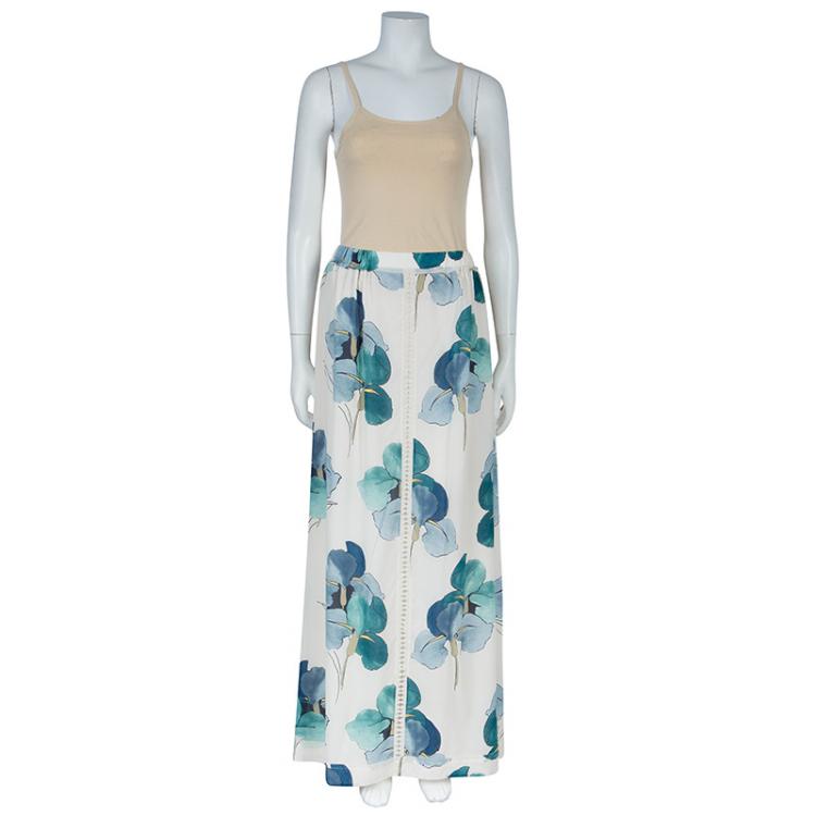 Pre Owned Tory Burch Kendra White Floral Printed Maxi Skirt M