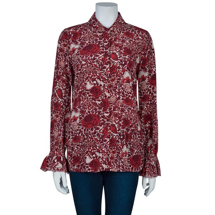 Pre Owned Tory Burch Cora Red Floral Print Shirt S