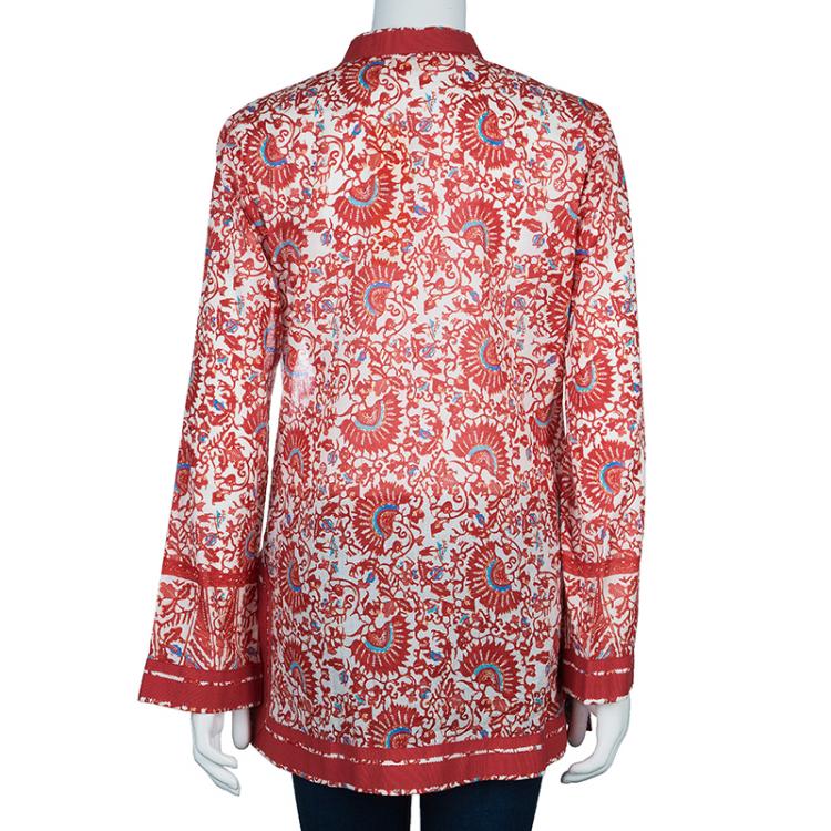 Pre Owned Tory Burch Red Printed Tunic Top M