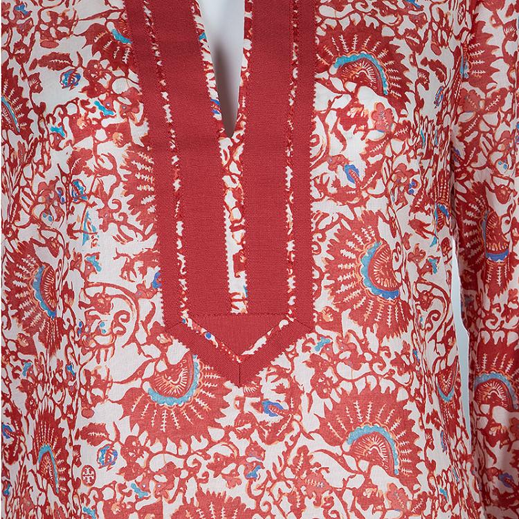 Pre Owned Tory Burch Red Printed Tunic Top M