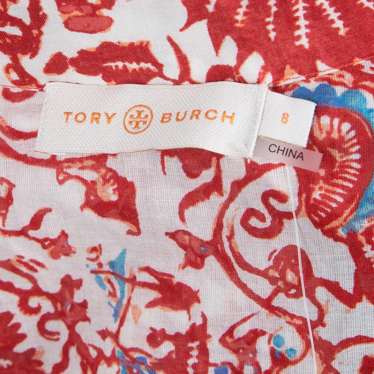 Pre Owned Tory Burch Red Printed Tunic Top M