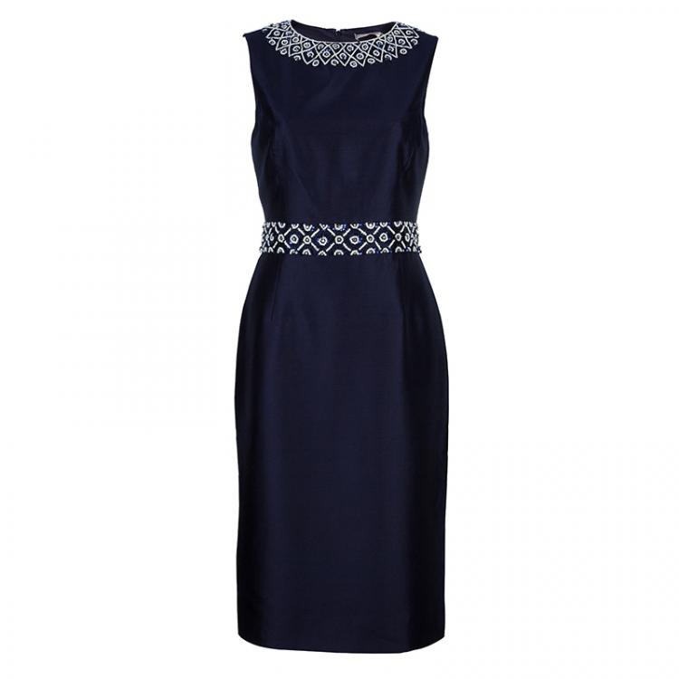 Pre Owned Tory Burch Heather Navy Blue Embellished Dress S