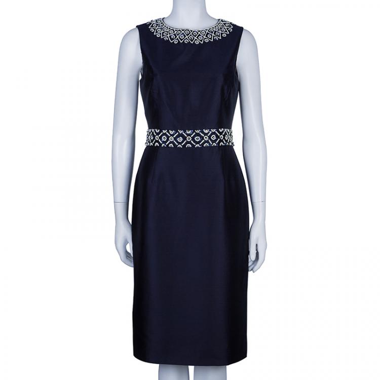 Pre Owned Tory Burch Heather Navy Blue Embellished Dress S