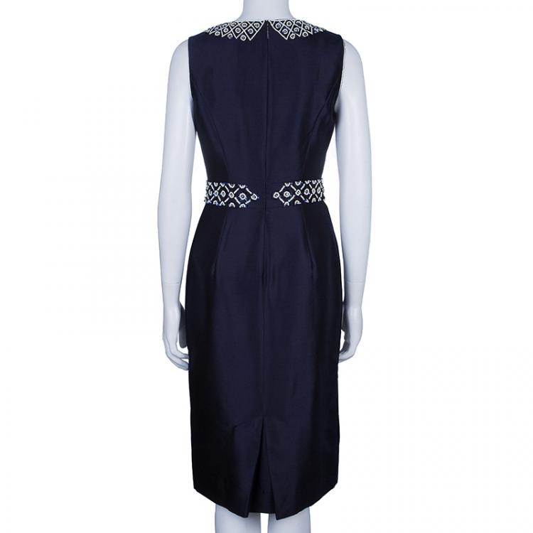 Pre Owned Tory Burch Heather Navy Blue Embellished Dress S