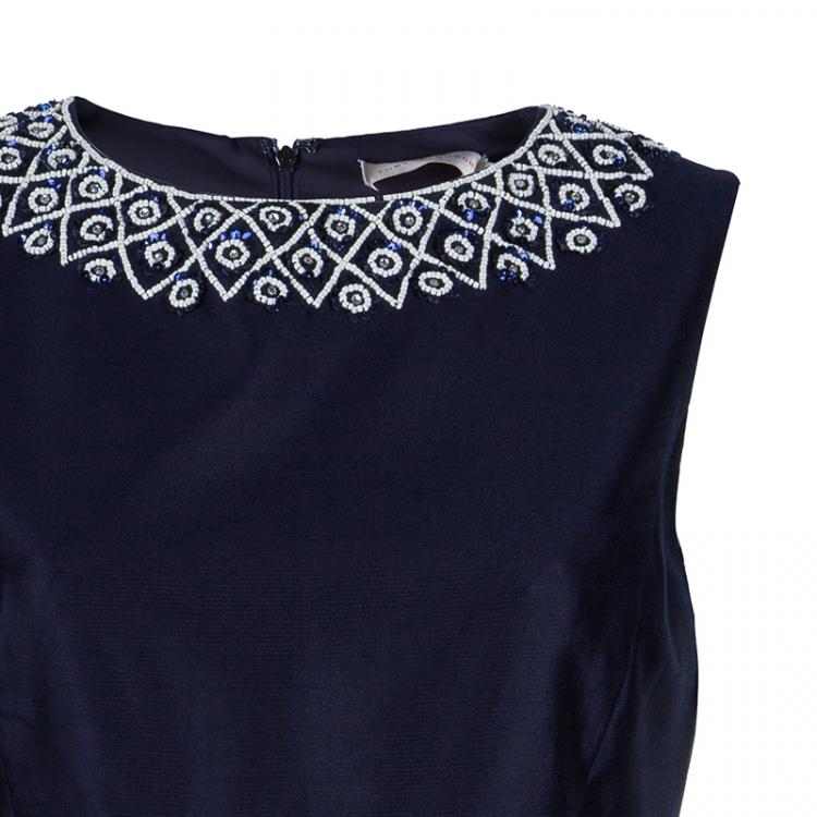 Pre Owned Tory Burch Heather Navy Blue Embellished Dress S