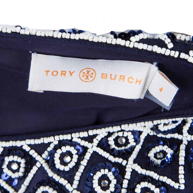 Pre Owned Tory Burch Heather Navy Blue Embellished Dress S