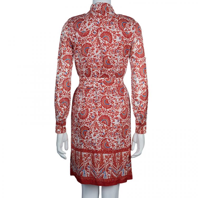Pre Owned Tory Burch Red Brigitte Printed Shirt Dress S