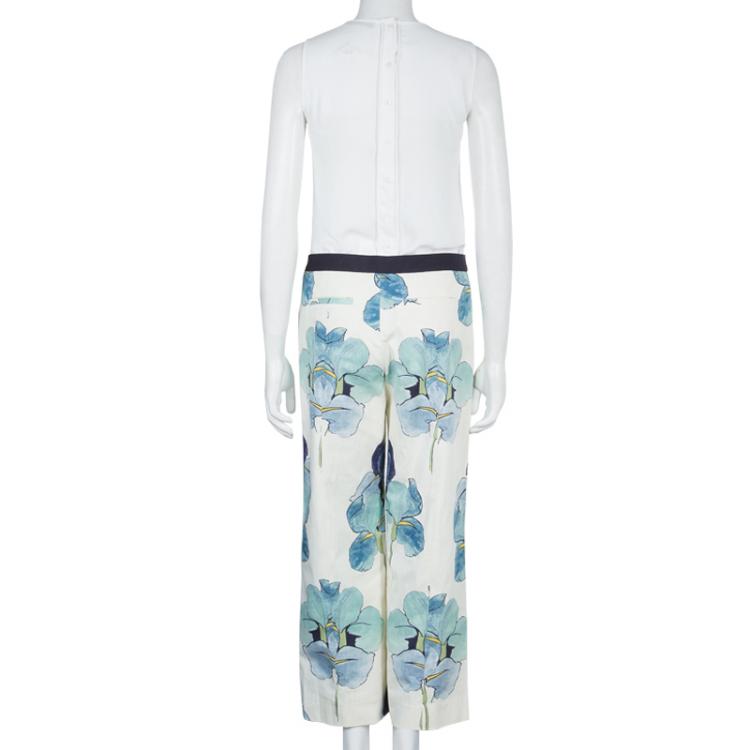 Pre Owned Tory Burch White Floral Print Wide Leg Eliza Pants S