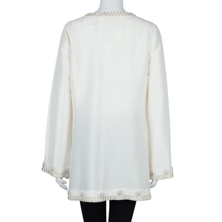 Pre Owned Tory Burch Cream Raw Silk Embellished Long Sleeve Tunic Blouse L