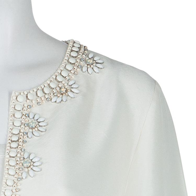 Pre Owned Tory Burch Cream Raw Silk Embellished Long Sleeve Tunic Blouse L