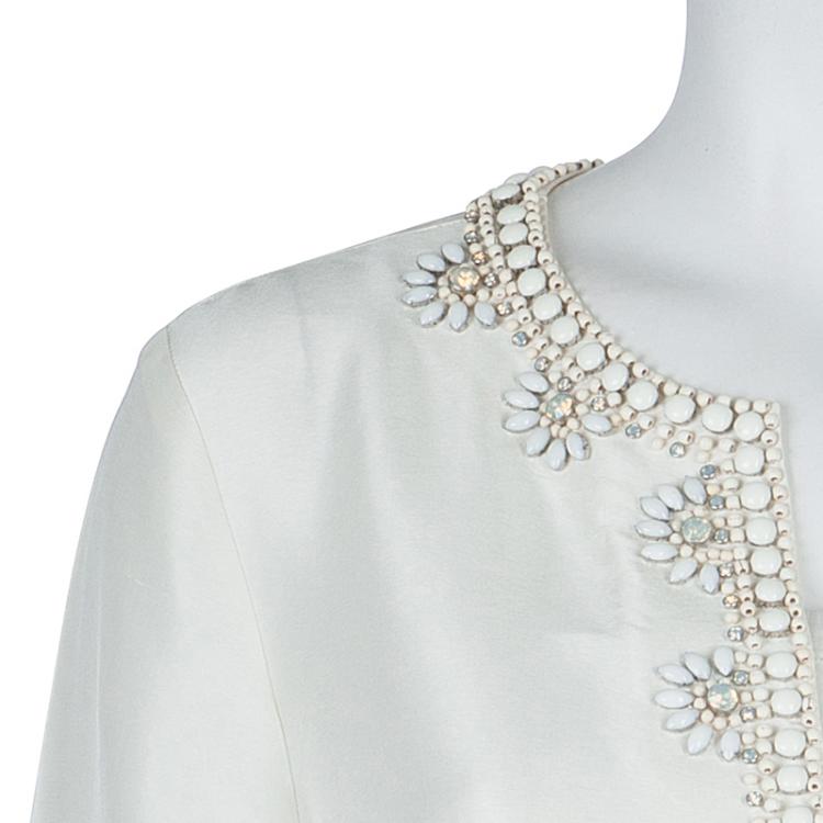 Pre Owned Tory Burch Cream Raw Silk Embellished Long Sleeve Tunic Blouse L