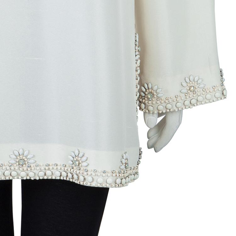 Pre Owned Tory Burch Cream Raw Silk Embellished Long Sleeve Tunic Blouse L