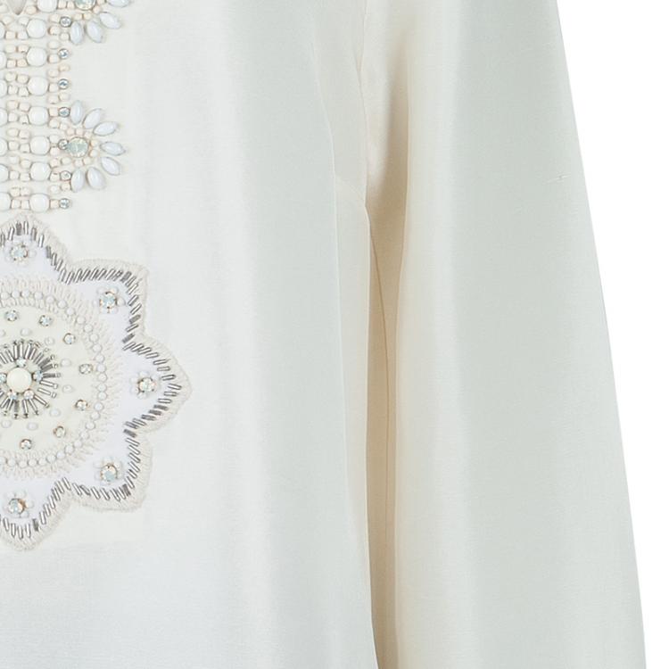 Pre Owned Tory Burch Cream Raw Silk Embellished Long Sleeve Tunic Blouse L