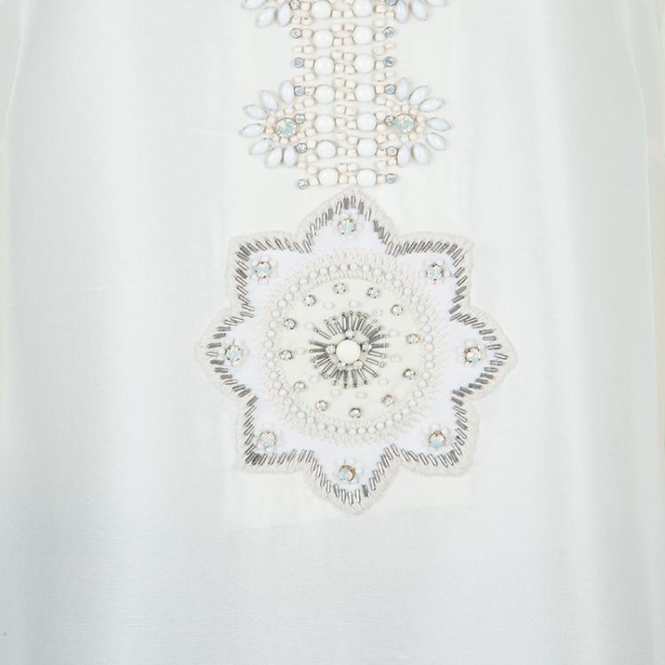 Pre Owned Tory Burch Cream Raw Silk Embellished Long Sleeve Tunic Blouse L
