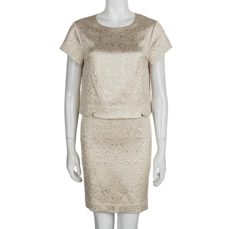 Pre Owned Tory Burch Metallic Embossed Jacquard Layered Short Sleeve Brielle Dress M