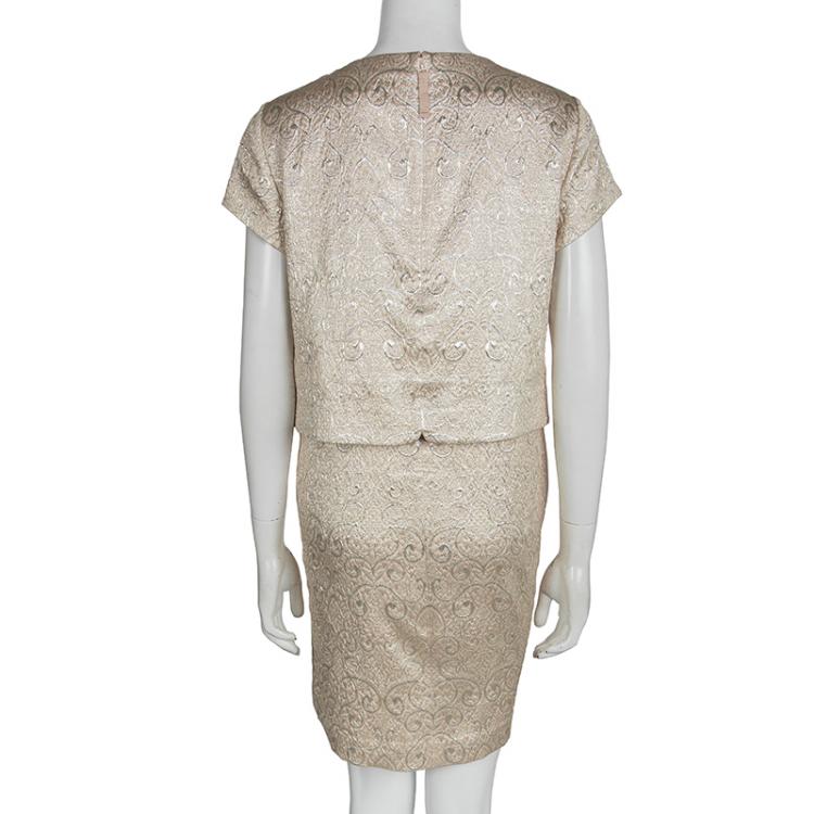 Pre Owned Tory Burch Metallic Embossed Jacquard Layered Short Sleeve Brielle Dress M