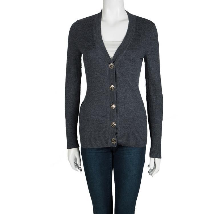 Pre Owned Tory Burch Colorblock Merino Wool Logo Button Detail Cardigan S