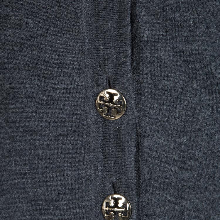 Pre Owned Tory Burch Colorblock Merino Wool Logo Button Detail Cardigan S