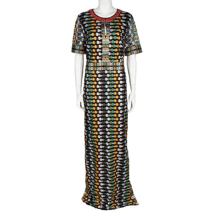 Pre Owned Tory Burch Multicolor Floral Embroidered Mesh Gown L