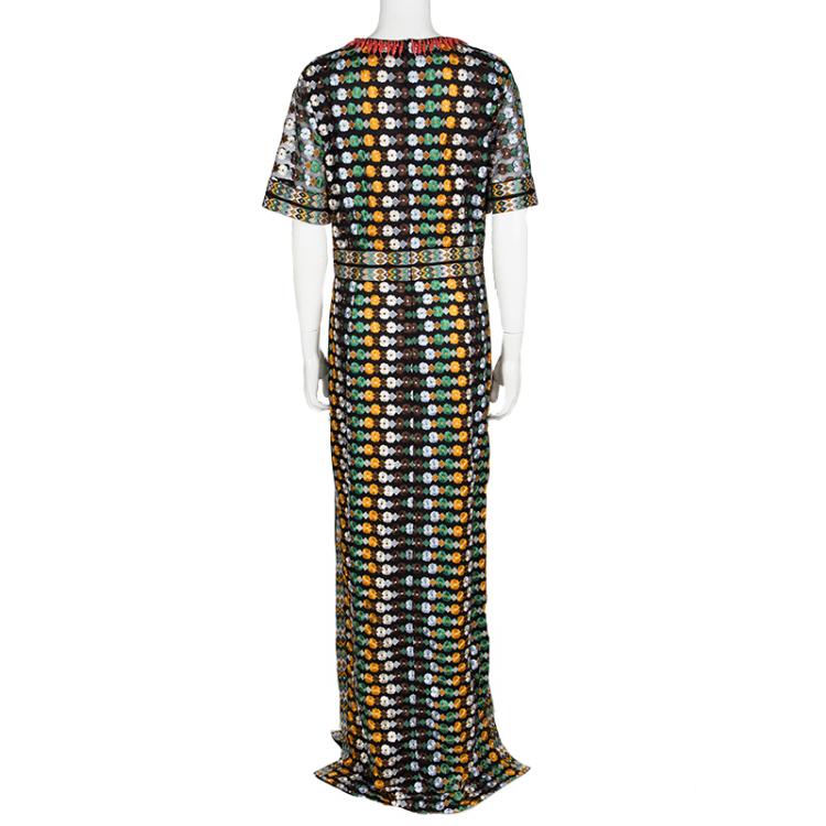 Pre Owned Tory Burch Multicolor Floral Embroidered Mesh Gown L