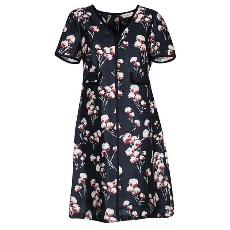 Pre Owned Tory Burch Navy Blue Floral Printed Silk V-Neck Kenzie Dress S