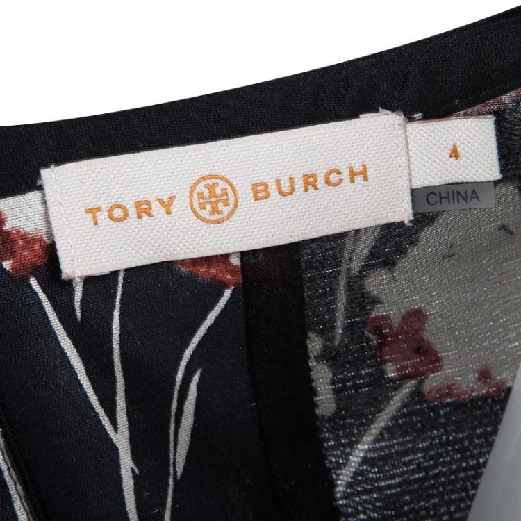 Pre Owned Tory Burch Navy Blue Floral Printed Silk V-Neck Kenzie Dress S
