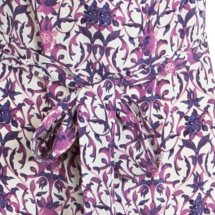 Pre Owned Tory Burch Purple Printed Silk Sleeveless Tiered Maxi Dress L
