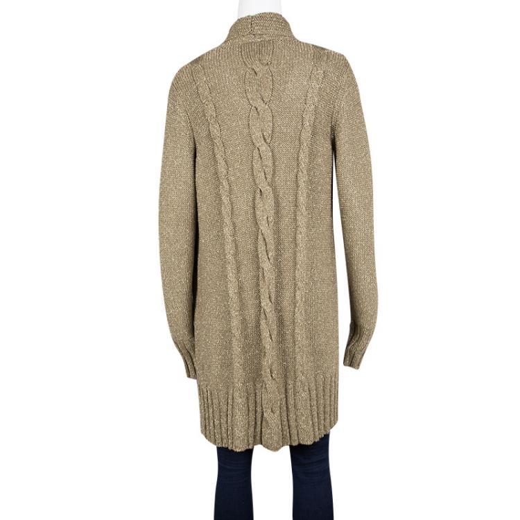 Pre Owned Tory Burch Gold Lurex Chunky Cable Knit Open Front Cardigan XL