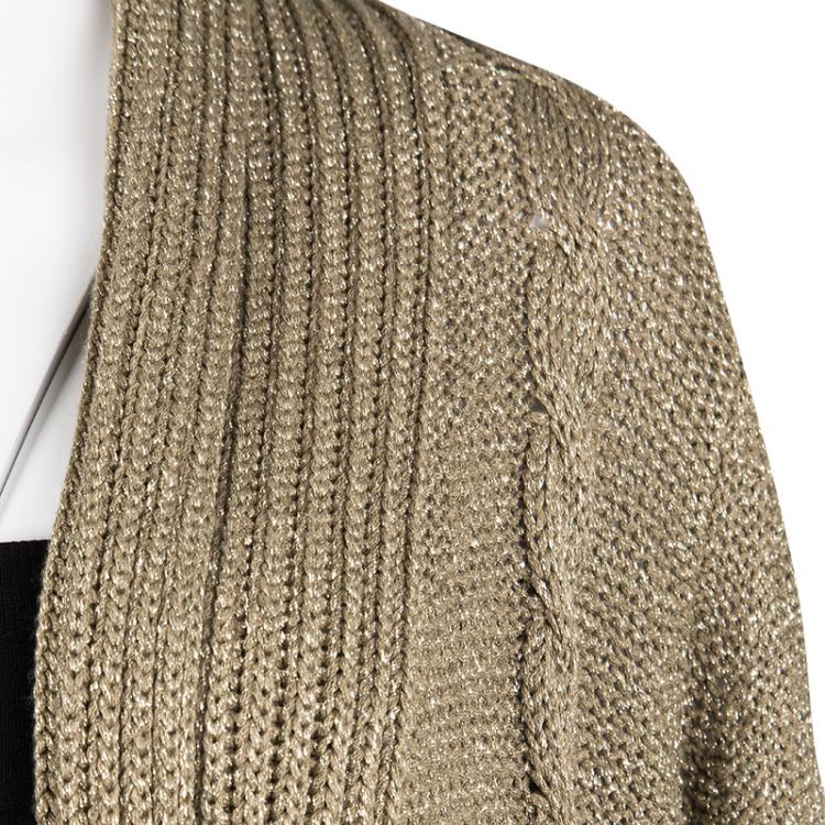 Pre Owned Tory Burch Gold Lurex Chunky Cable Knit Open Front Cardigan XL