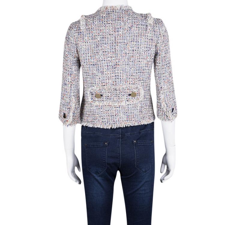 Pre Owned Tory Burch Multicolor Textured Tweed Cropped Jacket XS