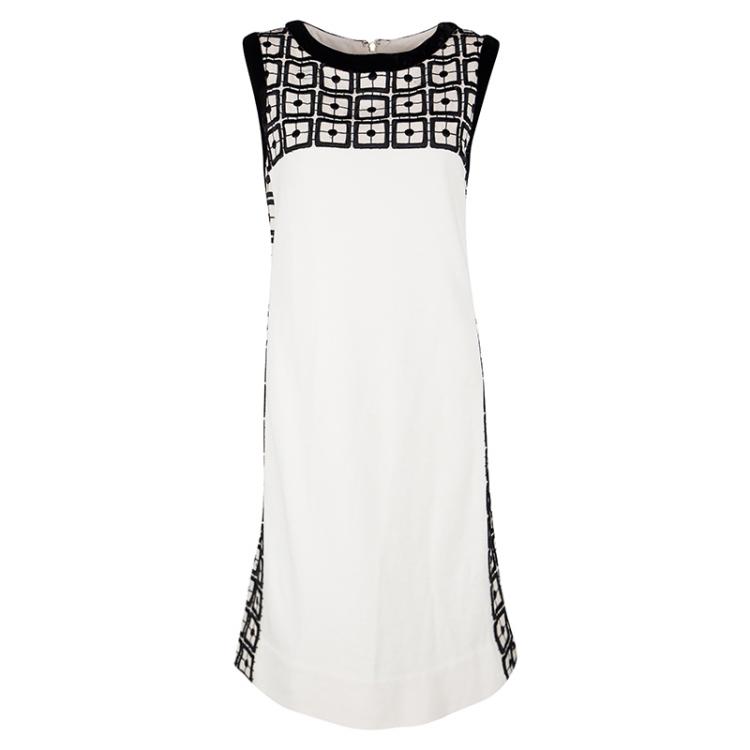 Pre Owned Tory Burch Cream Contrast Embroidered Velvet Trim Sleeveless Denise Dress L
