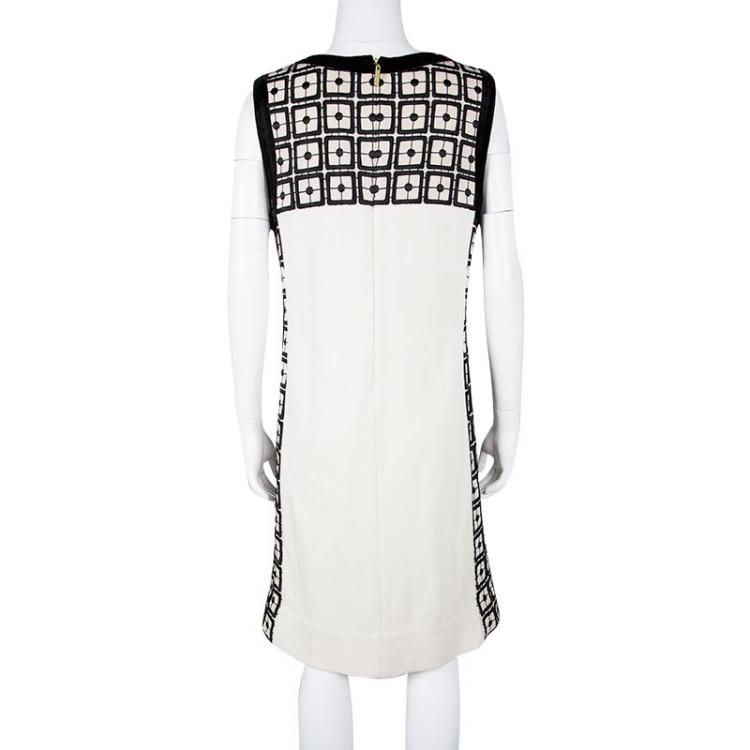 Pre Owned Tory Burch Cream Contrast Embroidered Velvet Trim Sleeveless Denise Dress L
