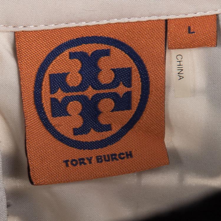 Pre Owned Tory Burch Cream Contrast Embroidered Velvet Trim Sleeveless Denise Dress L