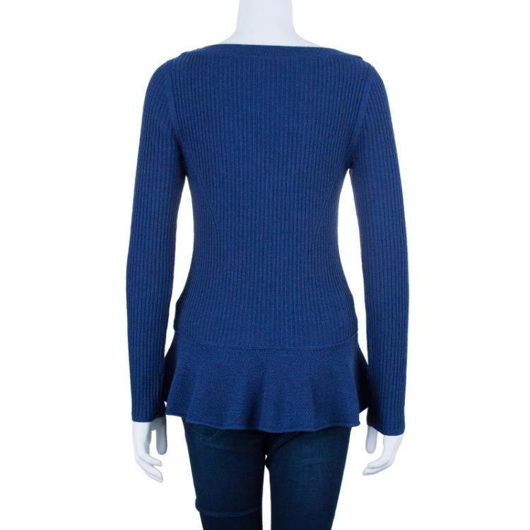 Pre Owned Tory Burch Navy Sienna Silk And Cashmere-Blend Peplum Sweater M