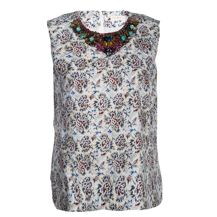 Pre Owned Tory Burch Floral Print Embellished Sleeveless Top M