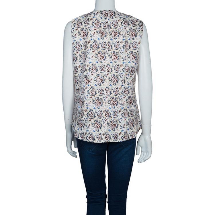 Pre Owned Tory Burch Floral Print Embellished Sleeveless Top M