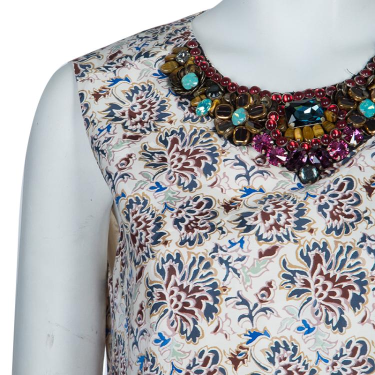 Pre Owned Tory Burch Floral Print Embellished Sleeveless Top M