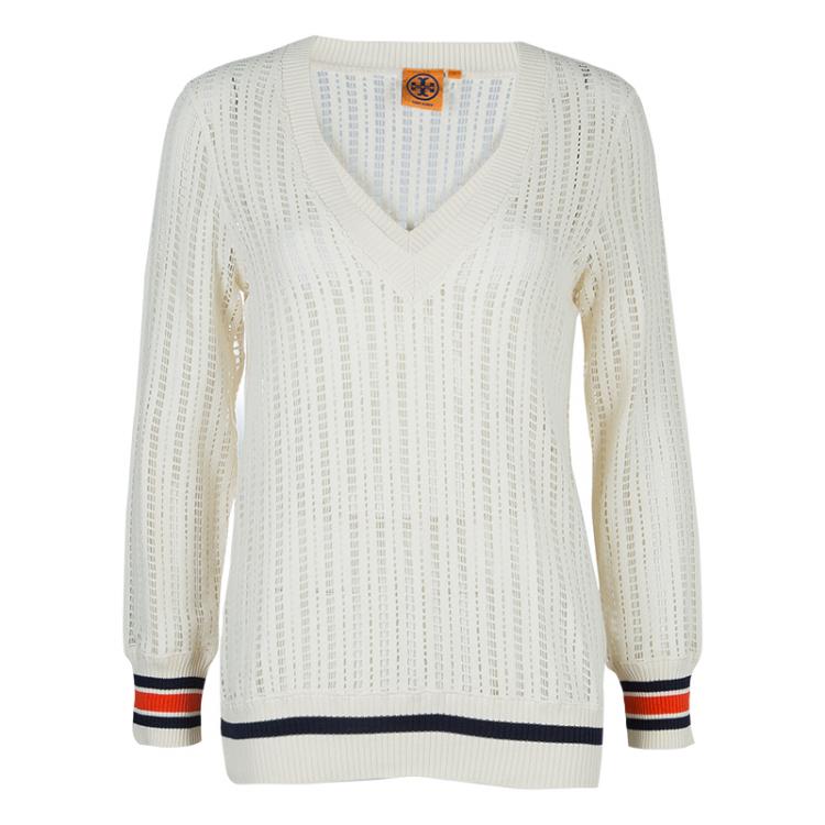 Pre Owned Tory Burch Cream Ozzy Cutwork Detail Sweater S