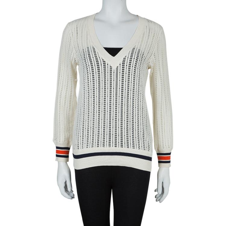 Pre Owned Tory Burch Cream Ozzy Cutwork Detail Sweater S
