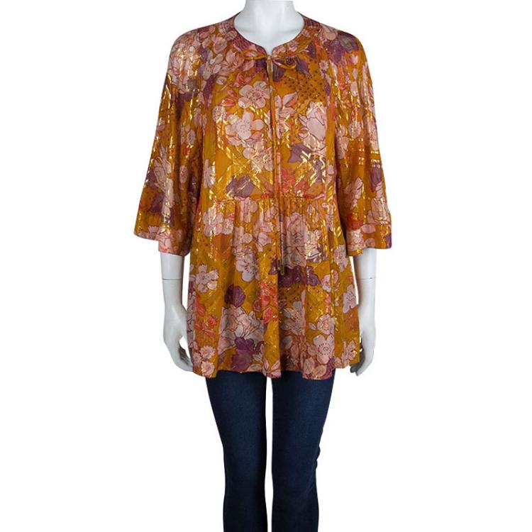 Pre Owned Tory Burch Multicolor Floral Print Lurex Detail Long Sleeve Tunic L