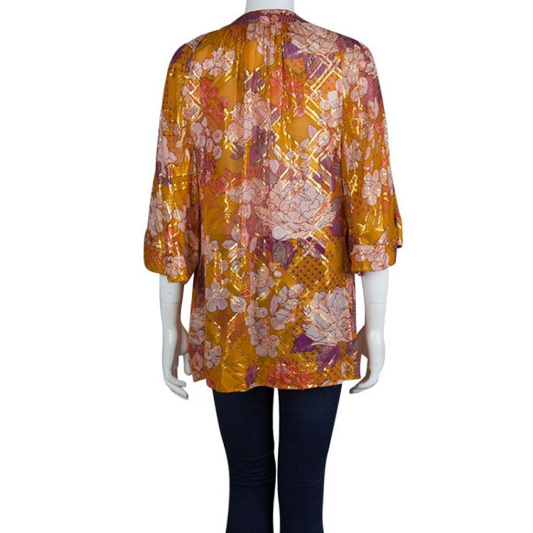 Pre Owned Tory Burch Multicolor Floral Print Lurex Detail Long Sleeve Tunic L