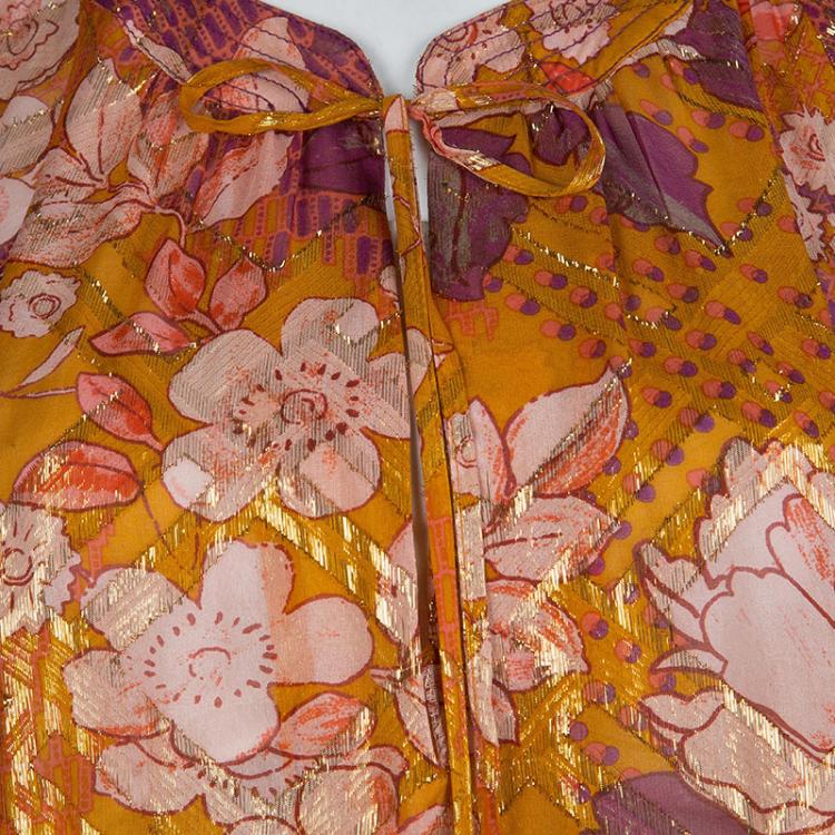 Pre Owned Tory Burch Multicolor Floral Print Lurex Detail Long Sleeve Tunic L